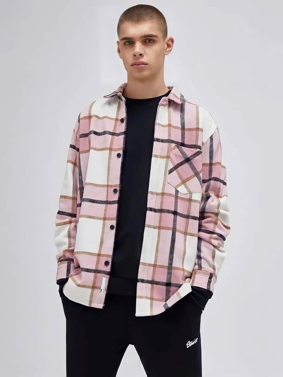 ÁO SOMI KHOÁC PULL&BEAR KẺ CARO HỒNG TRẮNG