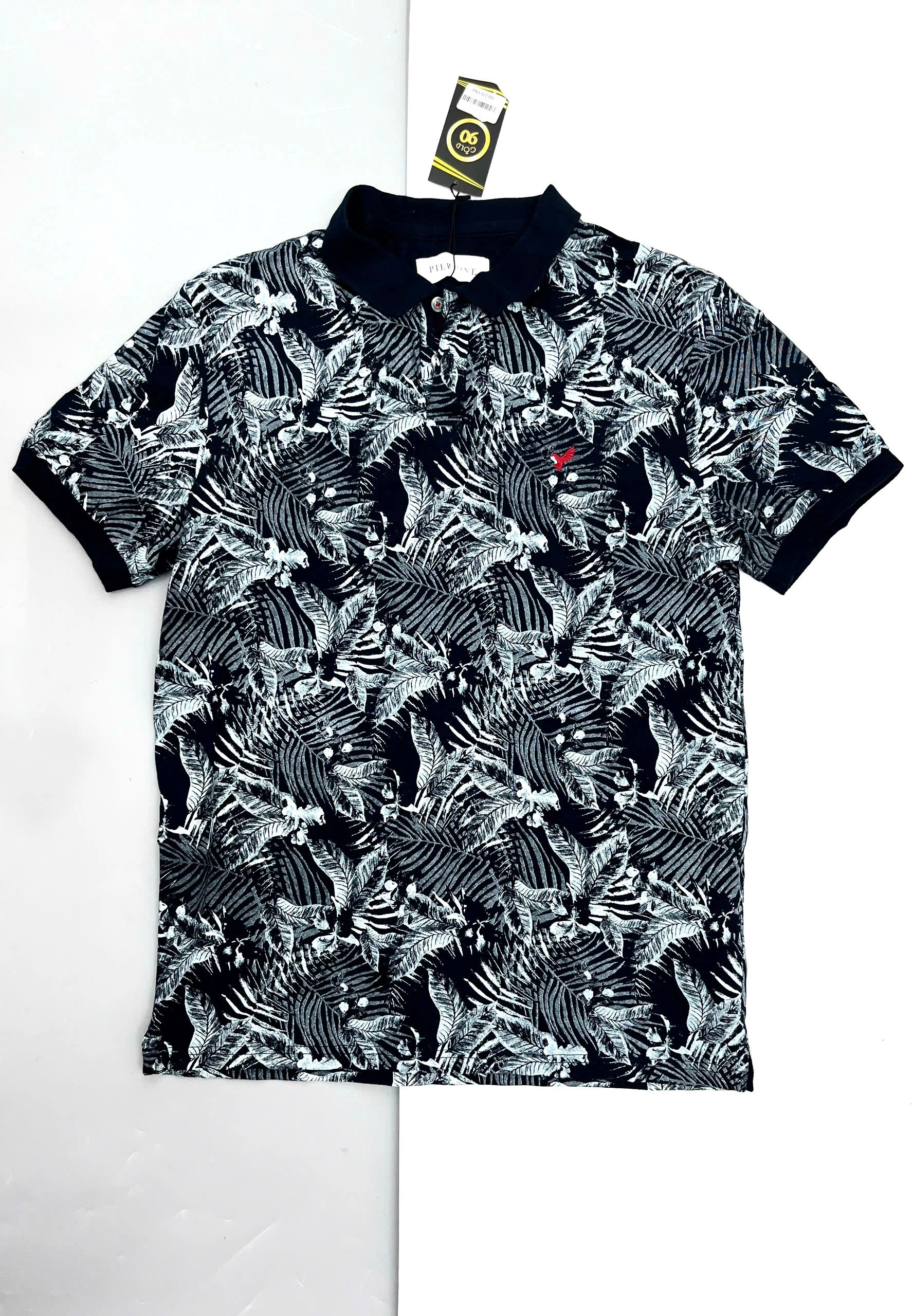 ÁO POLO XANH SẪM HOẠ TIẾT LÁ CỌ